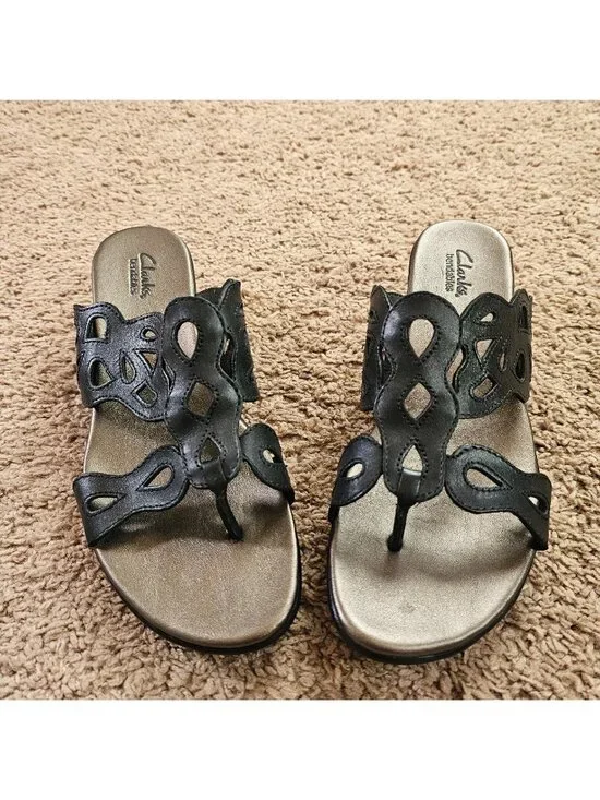 Clarks Bendables Wedge Sandals Womens 10M Black 37059 Comfort Slip On Slides - Picture 1 of 10